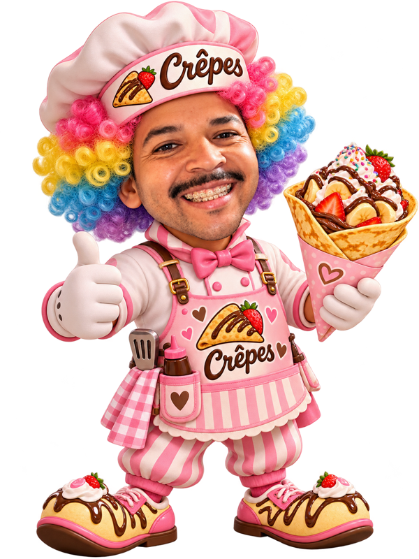 Nuestro chef de crepas con uniforme rosado y cabello de colores